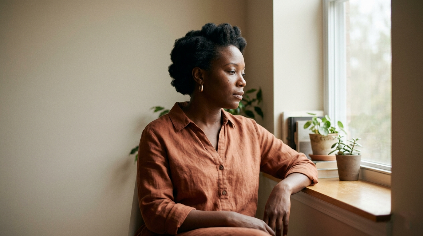 A woman in quiet contemplation by a window