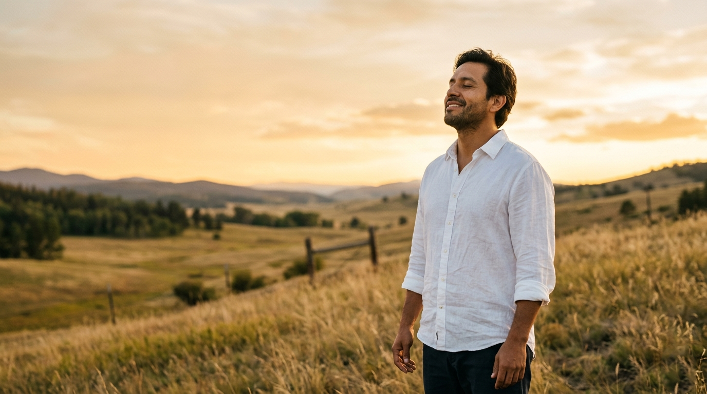A man standing in an open field at golden hour, eyes closed, at peace